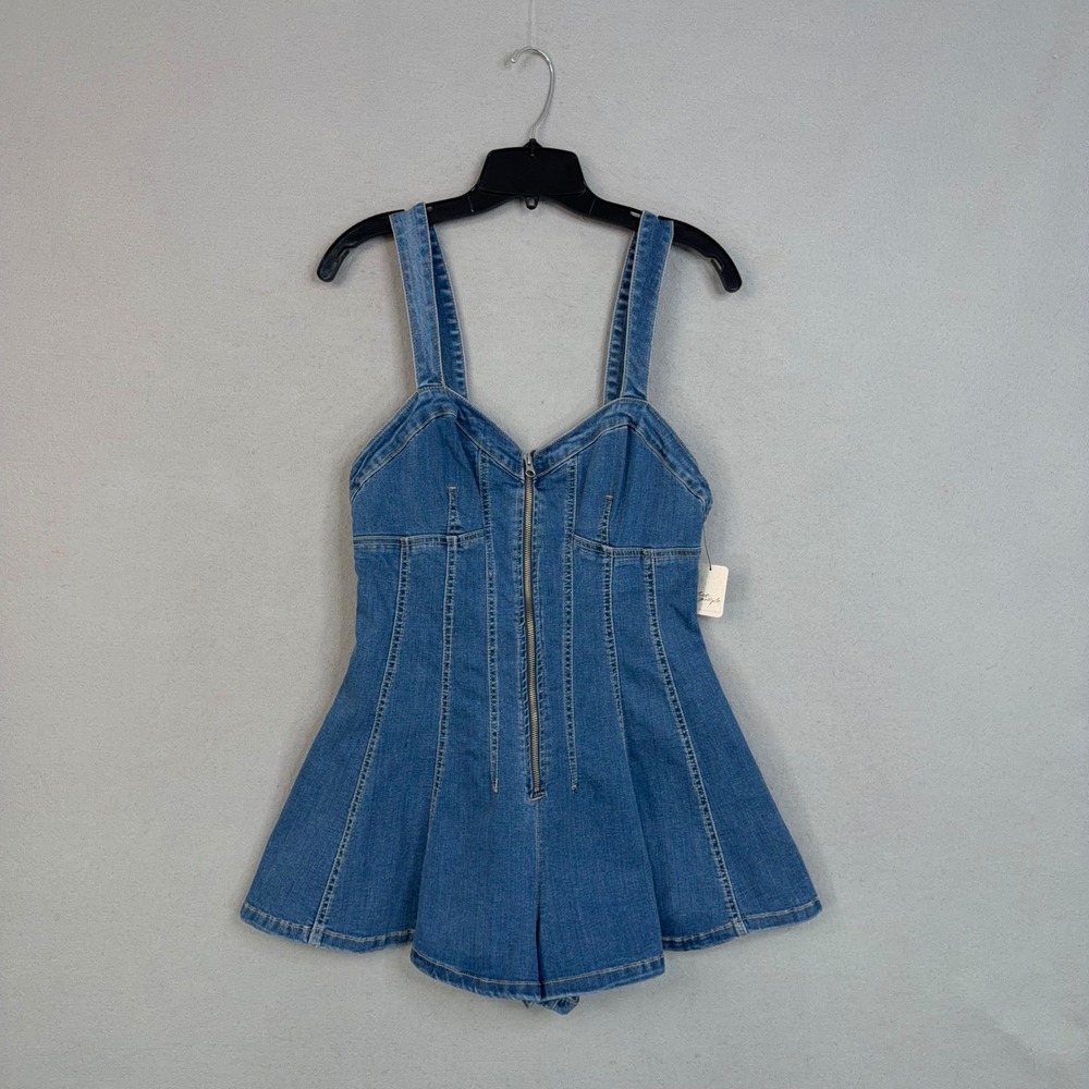 Free People We The Free Romper Womens 12 Denim Zip Front Fit & Flare Delancey